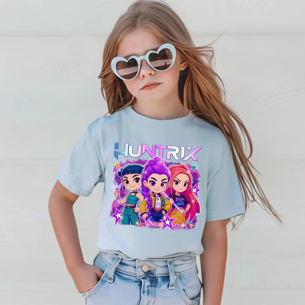 Summer Kids T-shirt Kpop Demon Hunters Pattern Print Short-sleeved Tops Tees Casual Girl T-shirt Kids Streetwear