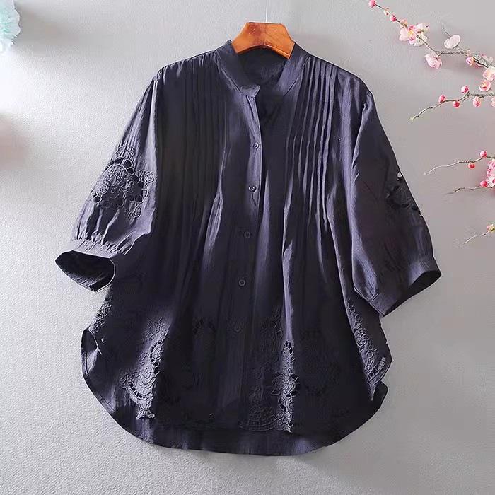 

Station Hollow Embroidery Flower Heavy Industry Loose Lotus Leaf Edge Premium Sense Cotton and Linen Shirt Женская летняя рубашка 2XL чёрный