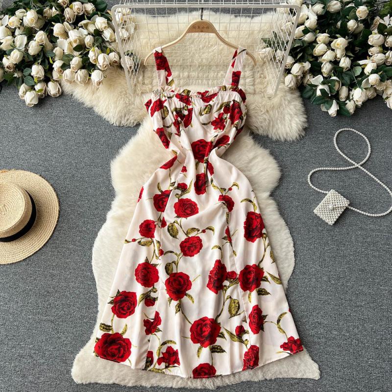 Holiday Style Print Suspender Skirt Women's Summer New Waist and Thin French Chiffon Floral Dress
