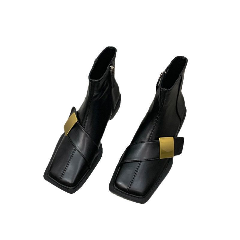 Versatile Single Boots Temperament Martin Boots Black Square Head Thin French Small Short Boots Women's Shoes 2025 New Spring and Autumn
