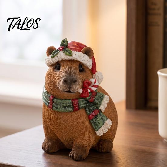 Cozy Interior Decor Pieces Christmas Capybara Resin Figurine, Statue with Santa Hat Scarf Wreath, Miniature Figures for Display Cute Tabletop Ornament