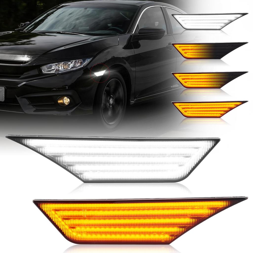 POPMOTORZ LED Side Marker Lights for Honda Civic Series Type Front Fender Flowing LED Turn Signals with Sequential and Daytime Running Set of 2