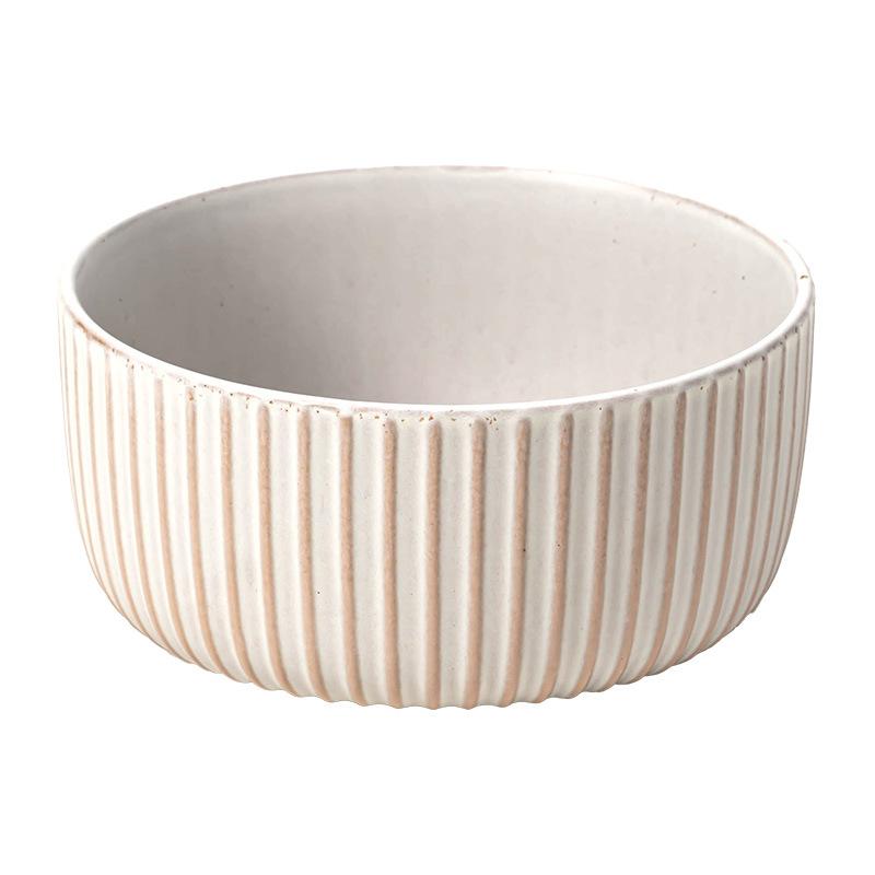 Embossed Vertical Pattern Deep Plate Retro Style Ceramic Bowl Plate Simple Tableware Plate Salad Bowl Round Vegetable Bowl Vegetable Plate