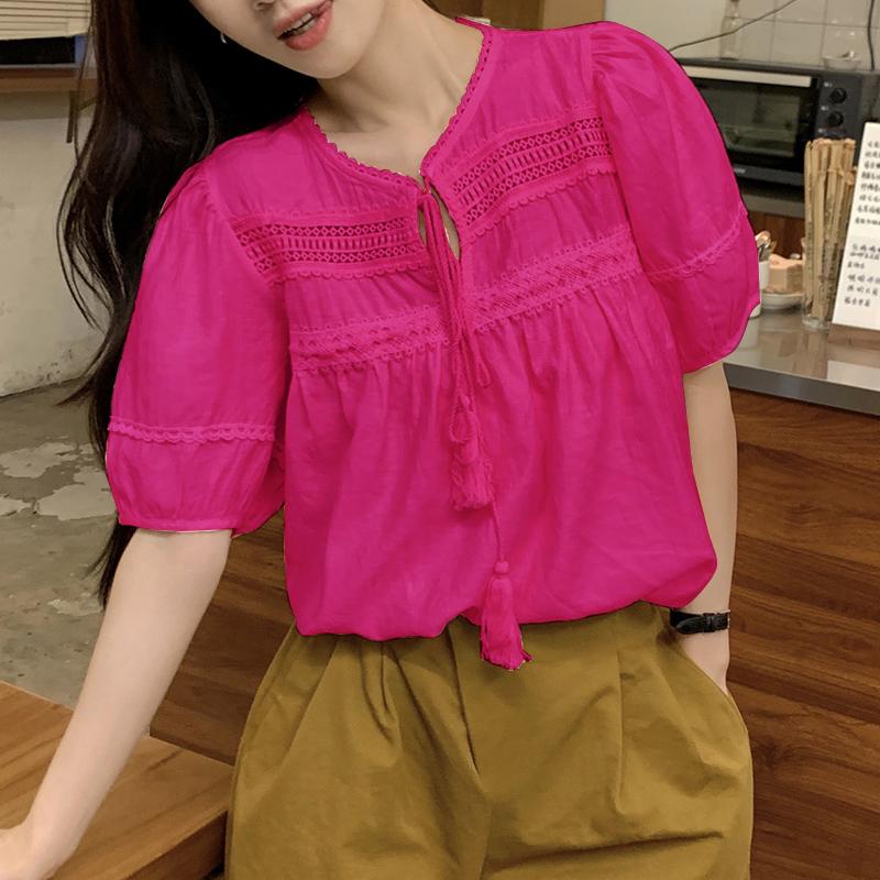 VONDA Women Summer Bow Kont Round Neck Lace Crochet Patchwork Casual Ruffled Blouse