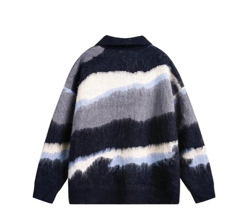 Unisex Retro Color Block Polo Collar Knit Sweater for Autumn/Winter