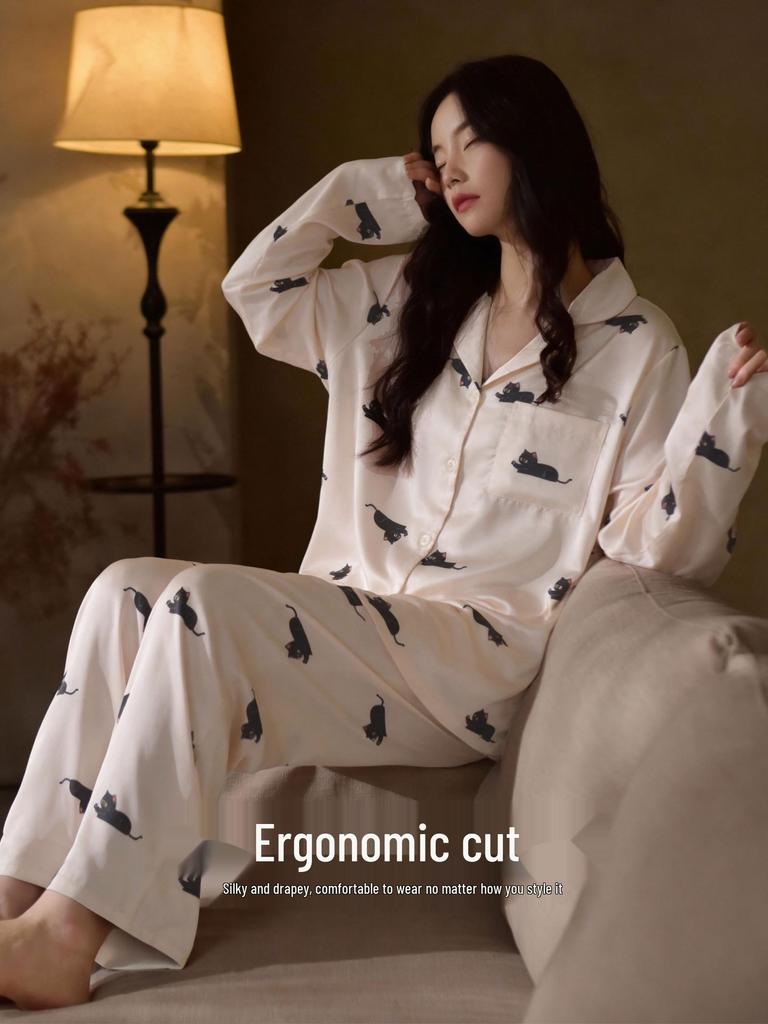 Damen-Eis-Seiden-Pyjama-Set mit Katzenmuster, langärmelig, für Frühling/Sommer - Koreanischer Stil für zierliche Frauen