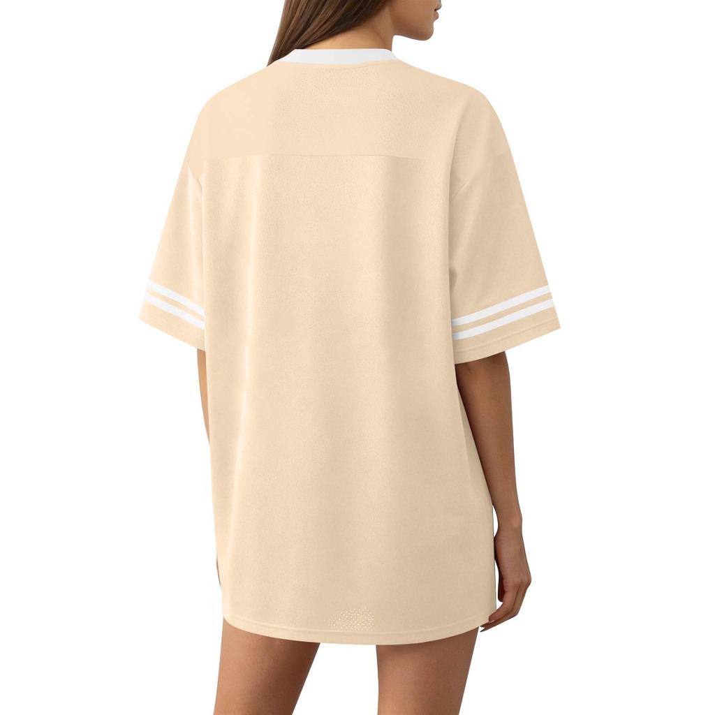 Women Fashion Short Sleeve V Neck Printed Sports Jersey T Shirt Top Casual Loose Fit Lightweight Breathable Fabric