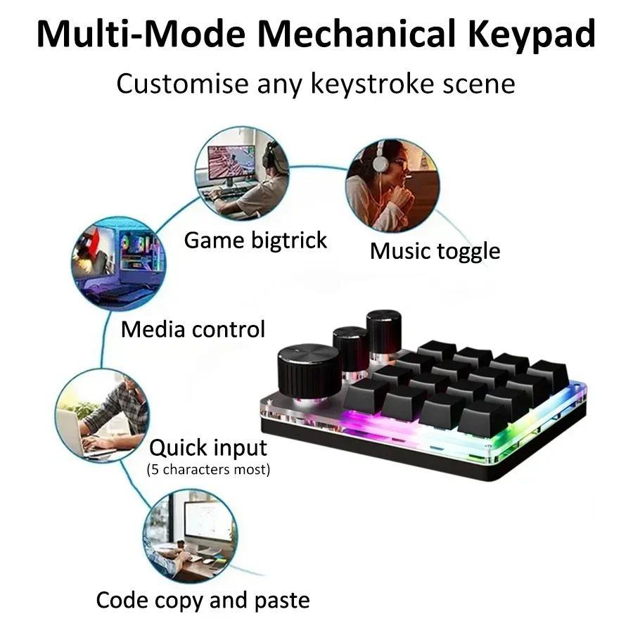 16 Keys 3 Mode Macro Mechanical Keyboard Portable USB RGB Gaming Custom Programming Knob One-handed Mechanical Keyboard