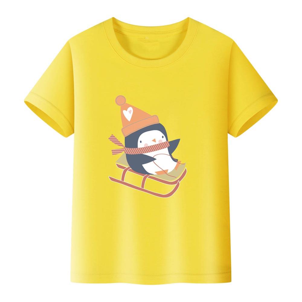 100% Cotton Girls' T-shirt Cute Cat and Penguin 2D Print Short-sleeved Casual Top for Children, Suitable for Both Boys and Girls