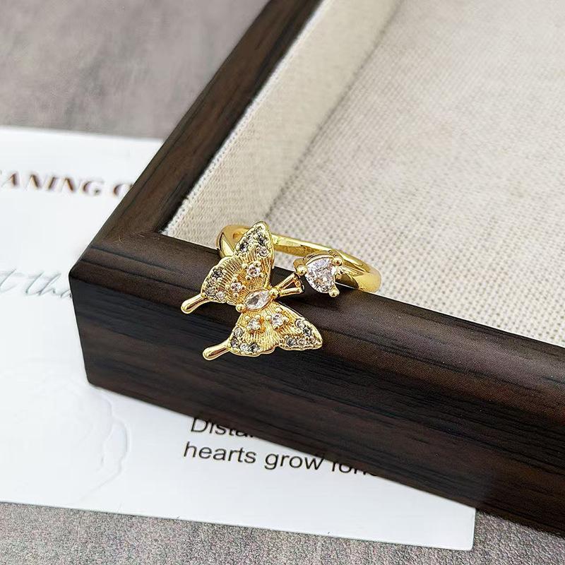 Mori Full Diamond Light Luxury Butterfly Flower Zircon Ring Female Niche High-End Light Luxury Index Finger Ring