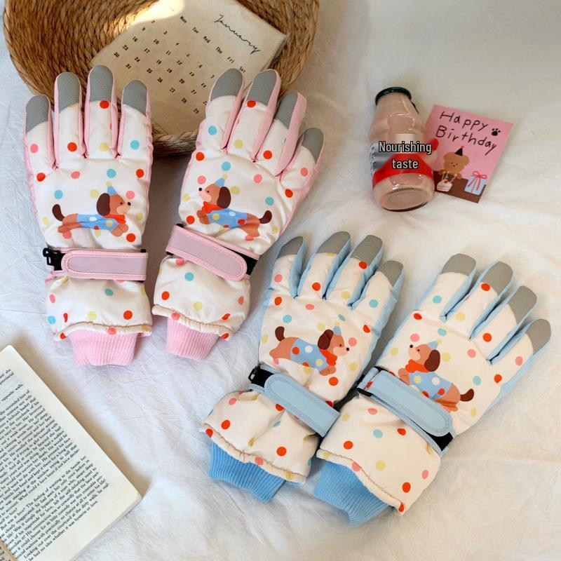 Women's Winter Cartoon Puppy Windproof Touchscreen Split Finger Ski Gloves