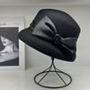 Light luxury hat women's autumn and winter wool basin hat British retro top hat women's elegant bow bucket hat