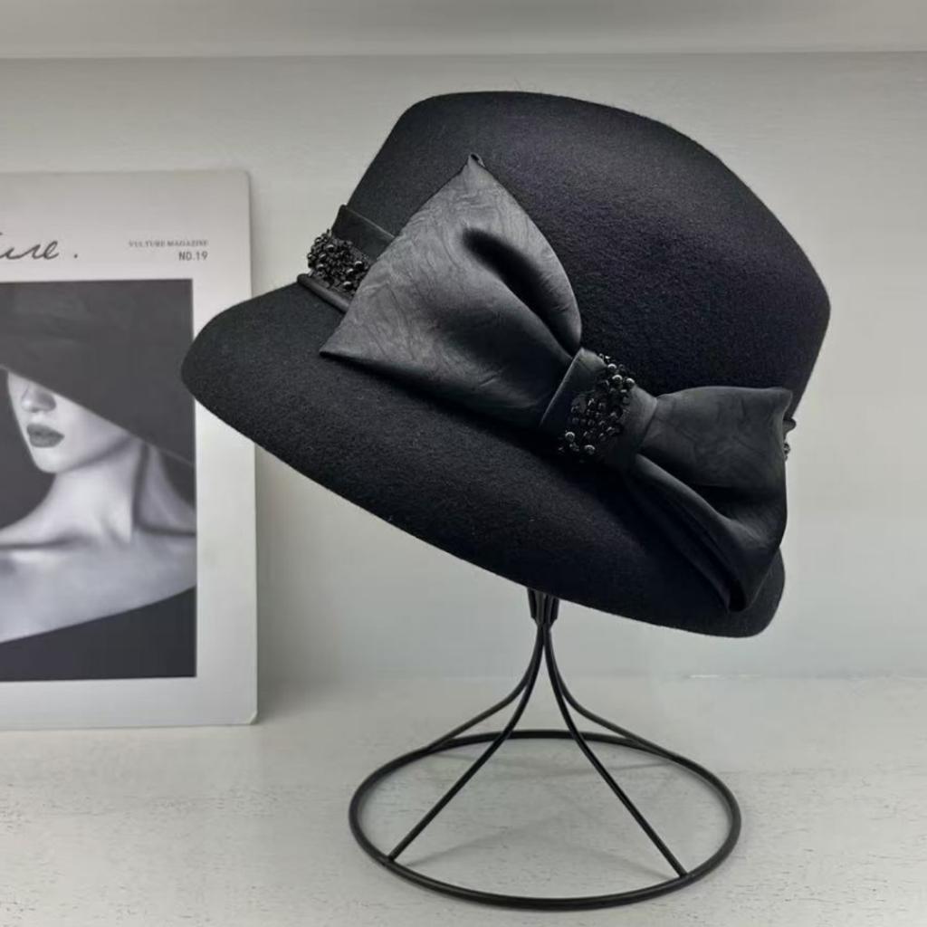Light luxury hat women's autumn and winter wool basin hat British retro top hat women's elegant bow bucket hat