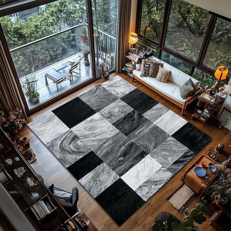 RAKKS Modern Geometric Area Rug Soft Black Gray Abstract Grid Office Living Room Sofa Floor Mat Study Game Carpet Home Decor