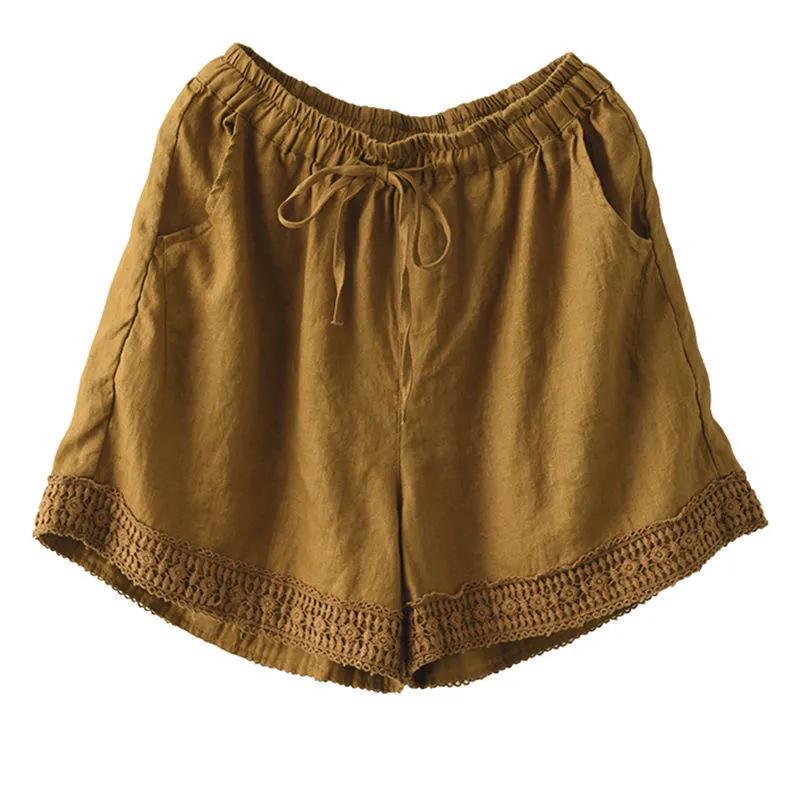 2025 Léto Retro Háčkované Bavlna Len Dámské Krajkové Šortky - Zeštíhlující Kalhoty s Rovnou Nohou pro Volný Čas
