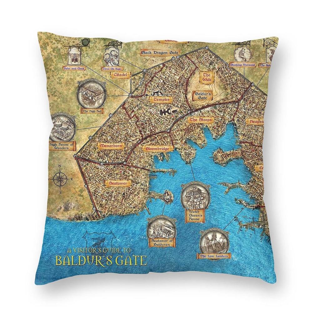 Baldurs Gate Map Pillowcase Polyester Linen Velvet Pattern Zip Decor Sofa Cushion Cover