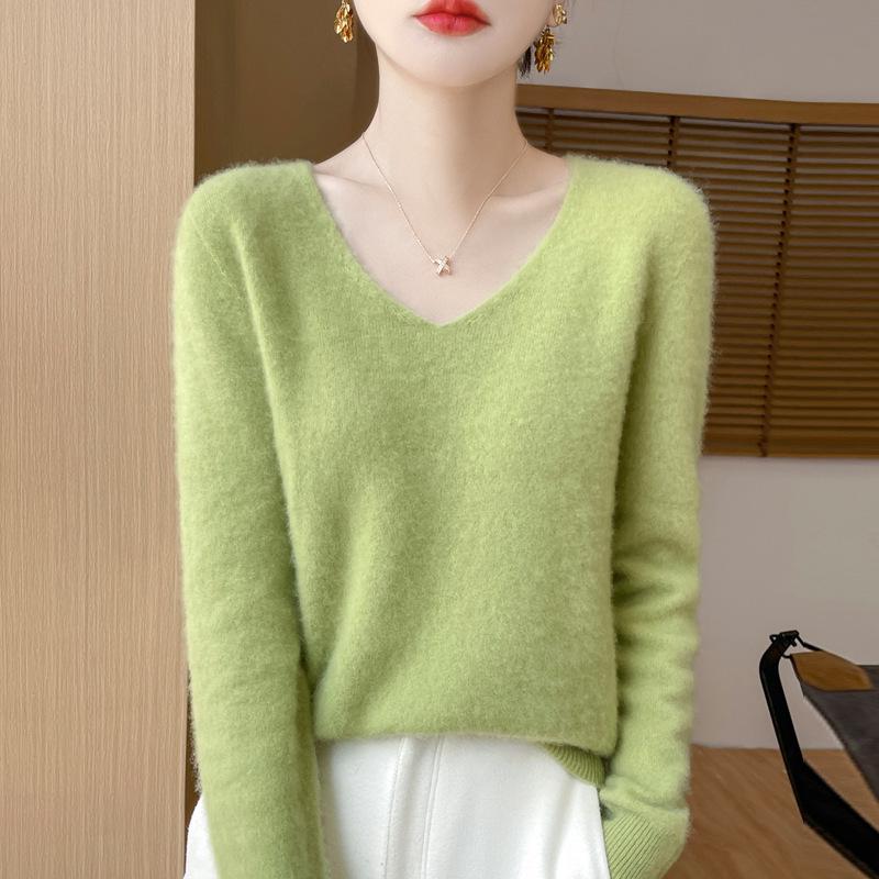 Wool Sweater V-neck Soft Knit Tops Outer Wear Bottoming Shirts for Women
