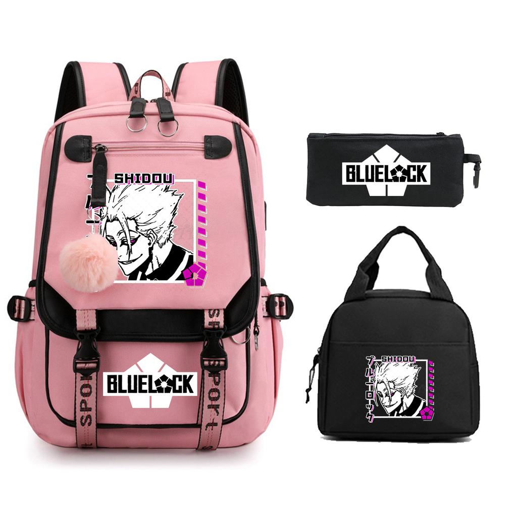 Blue Prison Student School Bag Children'S Meal Bag Casual Pencil Bag Three-Piece Set