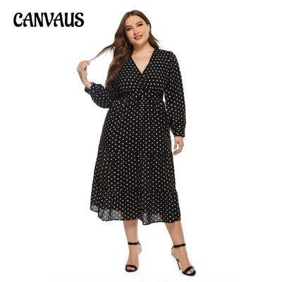 Spring and Autumn Women's Dress Fashion Loose Plus Size Women's V-Neck Long Sleeve Polka Dot Dresses
