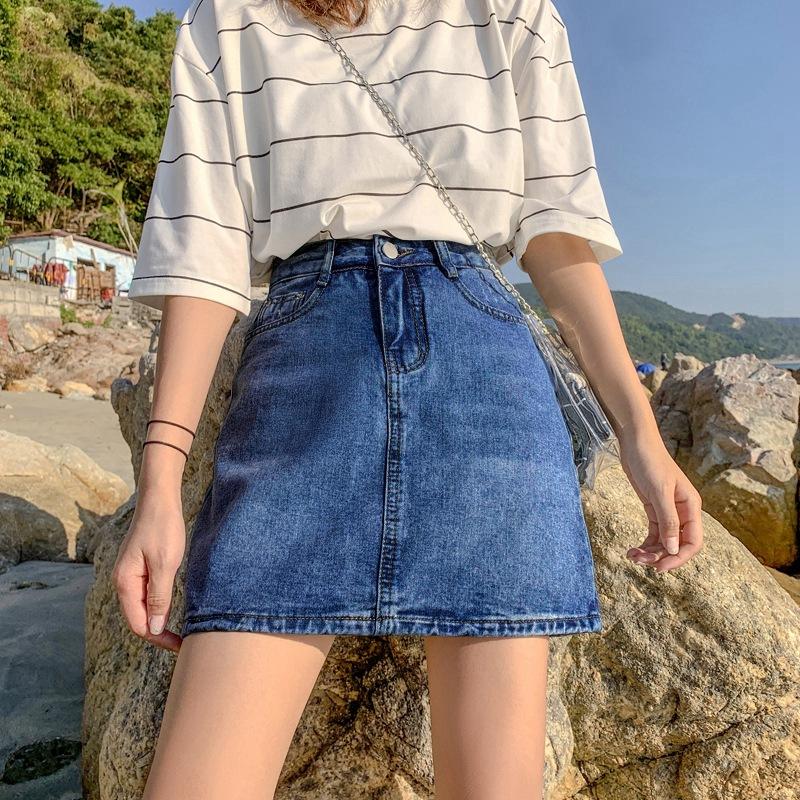 

Спідниця до половини тіла суцільний колір високою талією тонкий пакет хіп зовнішній одяг автостоп студенти літо коротка спідниця пані. Літня модна джинсова коротка спідниця XXL темно-синього кольору