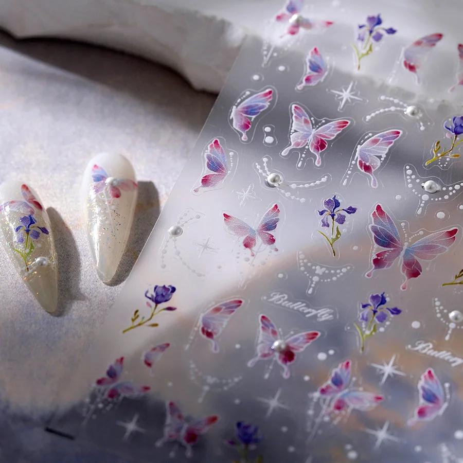 Enchanting Purple Butterfly 5D Nail Art Sticker Shiny Flower Petals Bowknot Animals Insects Adhesive Decoration Manicure Decal