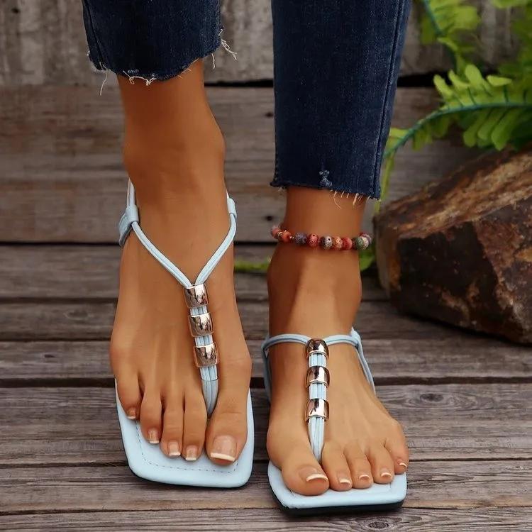 Fashion Casual Flat Sandals for Women Summer New Flat Shoes New Style Beaded Foot Elastic Band Roman Beach Shoes Plus-size 43
