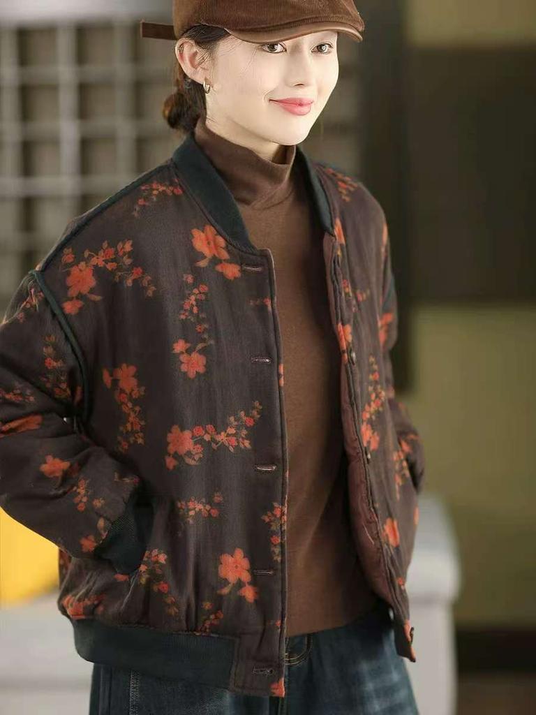 Johnature Women Vintage Print Floral Jackets Button Long Sleeve Winter Coats Warm Winter Casual Female Jackets