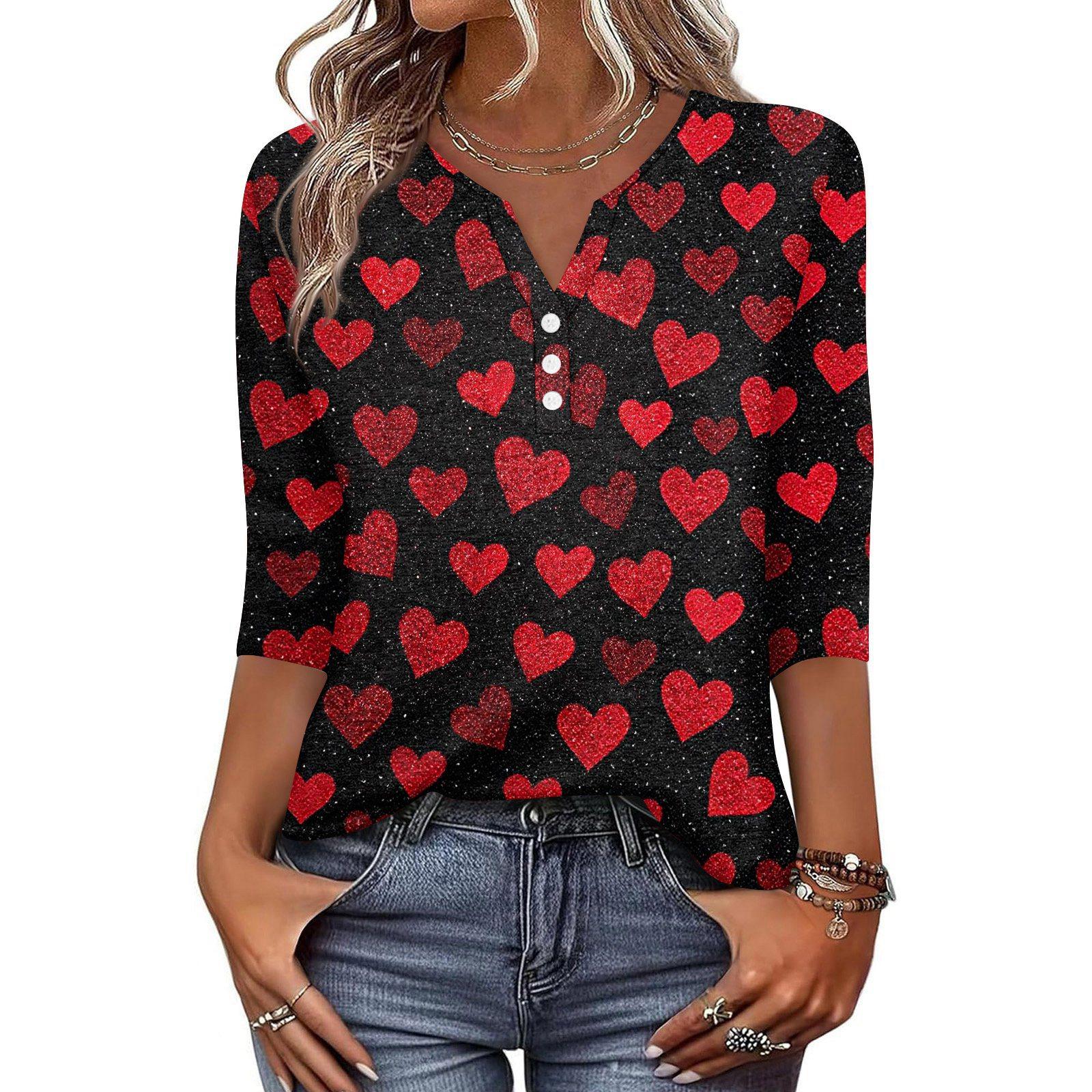 

Women s T Shirt Print Button 3/4 Sleeve Daily Weekend Fashion Basic V- Neck Regular Top XXL