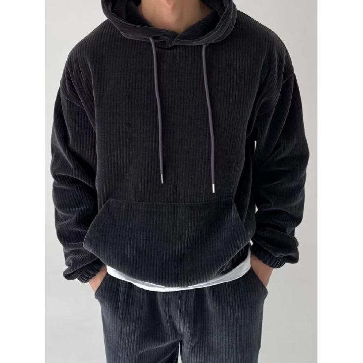 

Autumn And Winter New Men S Hoodie Casual Fashion Corduroy Solid Color Hooded Large Pocket Sports Home Men M чорний