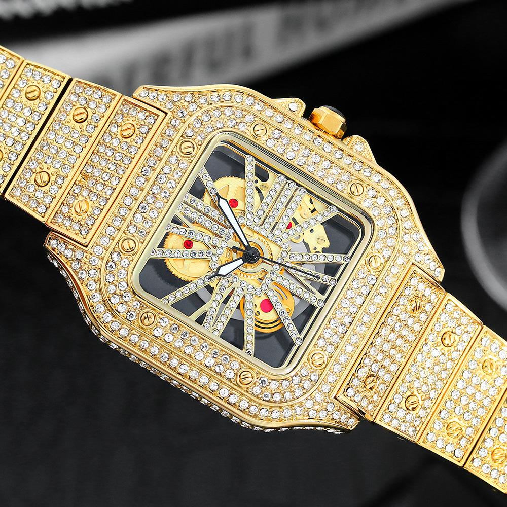 MISSFOX-Fashionable Square Men's Watch Small Niche Design Hollowed Out Hip-hop Full Diamond English Watch