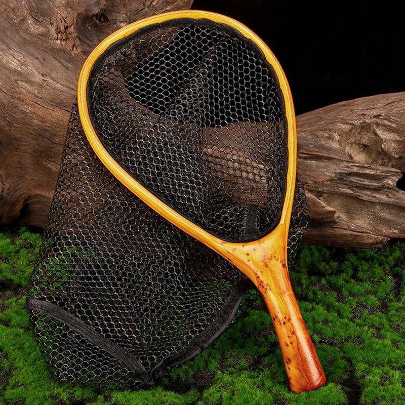 Curved Wood Handle Fishing Landing Net Mesh Design Protects Fishes Compacts Fishing Net For Anglers Stream Fishing