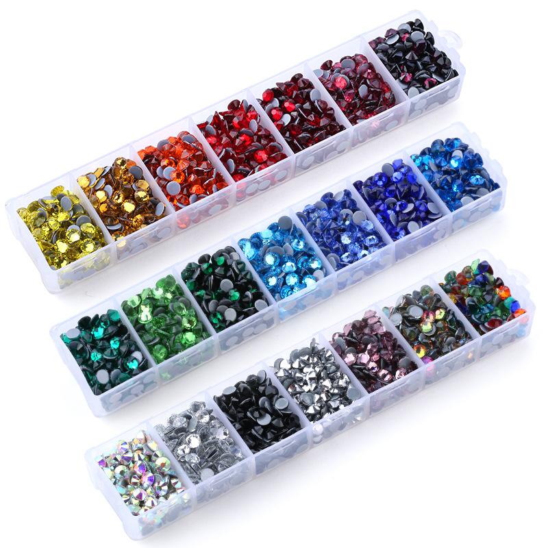 Red, Yellow, Blue-Green, Flat-Bottomed Diamond, Hot Drill 7-Grid Long Rubber-Bottomed Rhinestone Diy Jewelry Set, Clothing Accessories.
