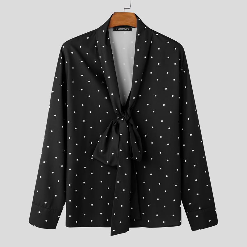 

INCERUN Men Bow Kont Tie Long Sleeve Polka Dots Casual Loose Shirts Tops M чёрный