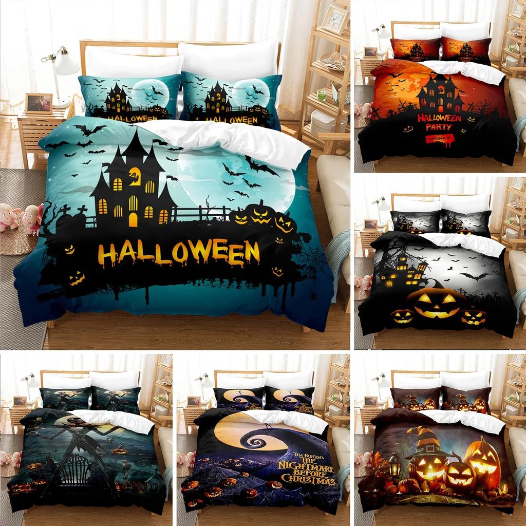 Halloween Cartoon Pumpkin Lantern Castle Bat Comfortable Duvet Quilt Cover Pillowcase Bedding Set Children Bedroom Decoration