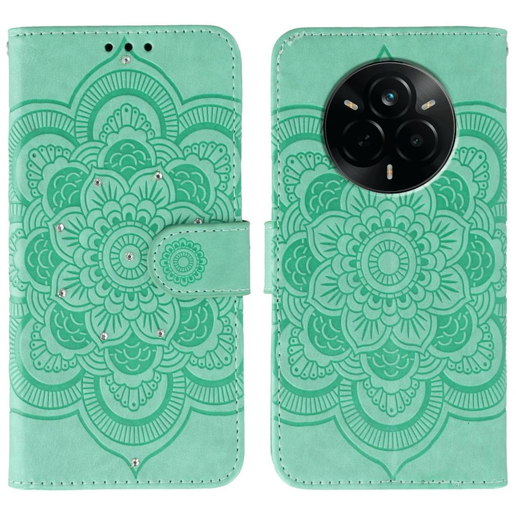 For Realme 14 Pro 5G Case Rhinestone Decor PU Leather Mandala Imprinted Design Phone Cover with Wrist Strap