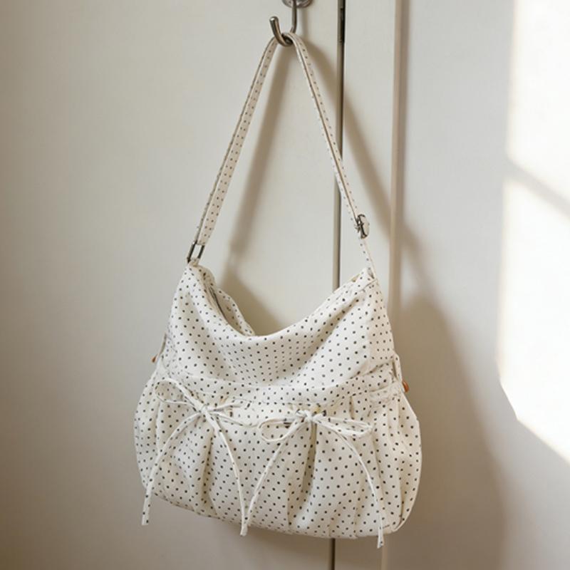 Korean Polka Dot Canvas Tote Bag Women Large Capacity Crossbody Bag With Bow Detail Cute Commuter Shoulder Bag Casual Handbag