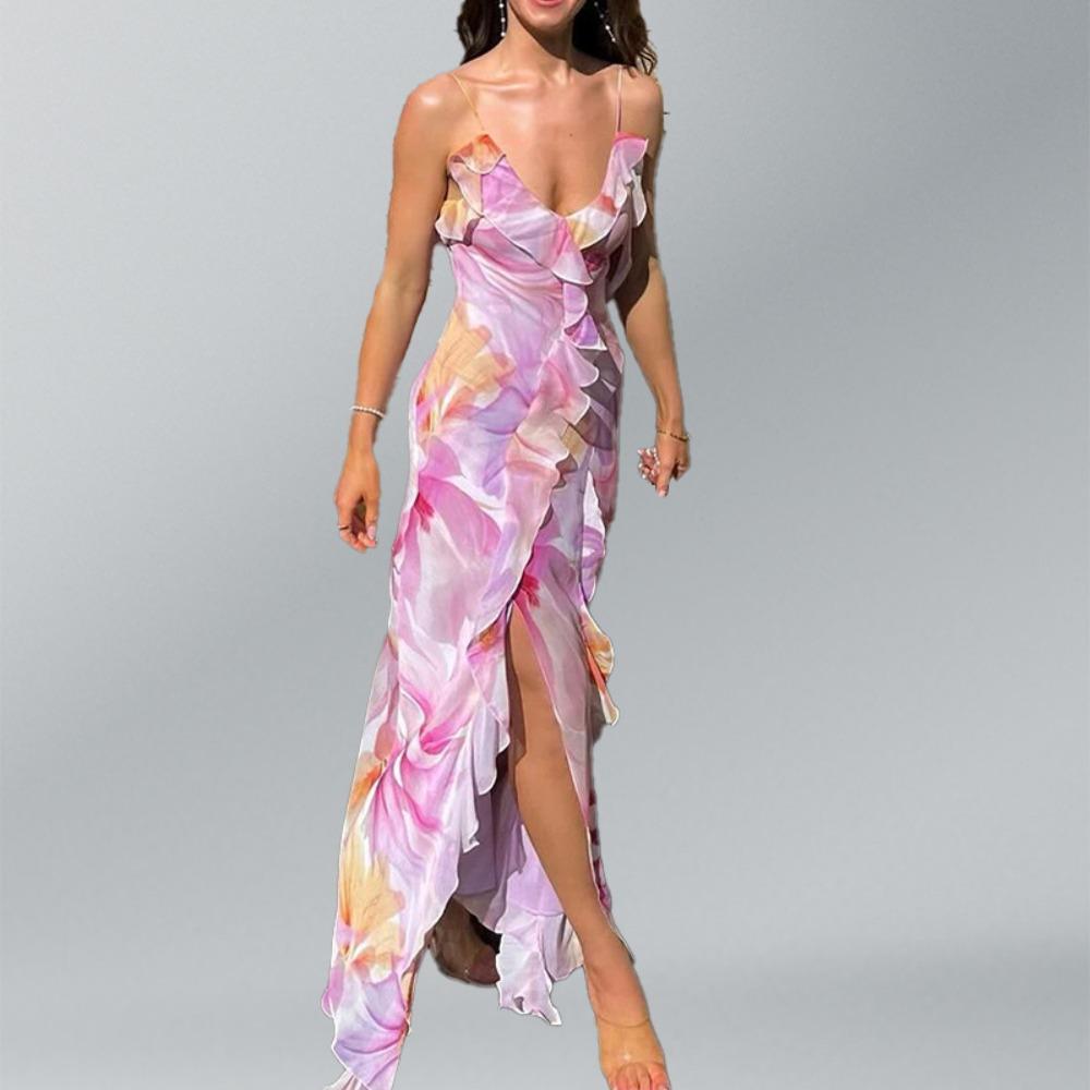 Women s V Neck Sleeveless Floral Print Ruffled Maxi Dress High Waist Elegant Evening Dress S