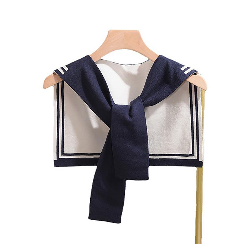 Korean College Navy Stripe Wool Knit Shoulder Cape Knotted Warm Shawl Summer Air Conditioned Room Protect Neck Woman'S Scarf