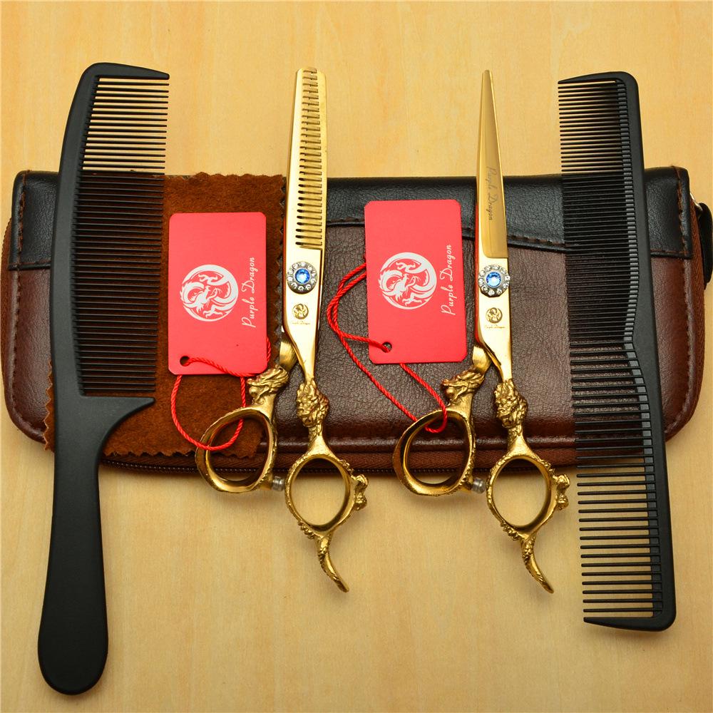 

Purple-Gold Dragon 6.0 Hairdressing Scissors Set: Flat & Serrated Shears, Thinning Bangs Scissors. 6.0 inch golden 4-piece set with case