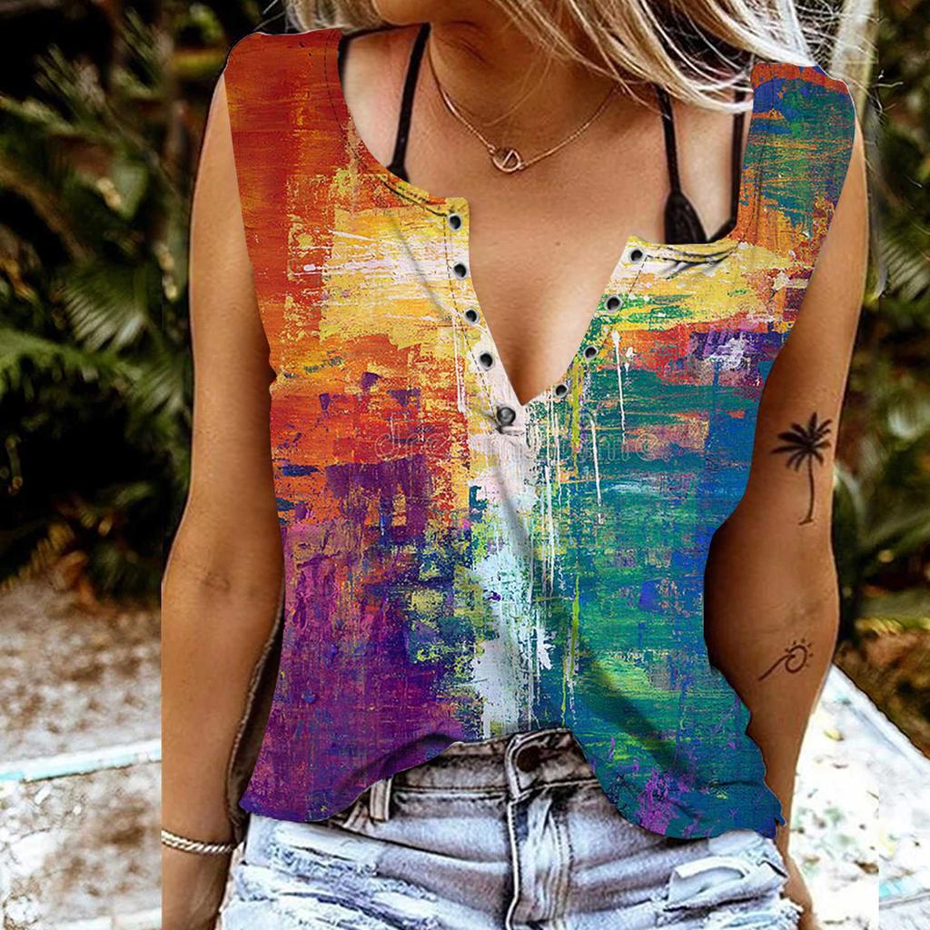Women Tanks Sexy V Neck Sleeveless Summer Tops Vest 3D Cross Pattern Print Cool Lightweight Tops