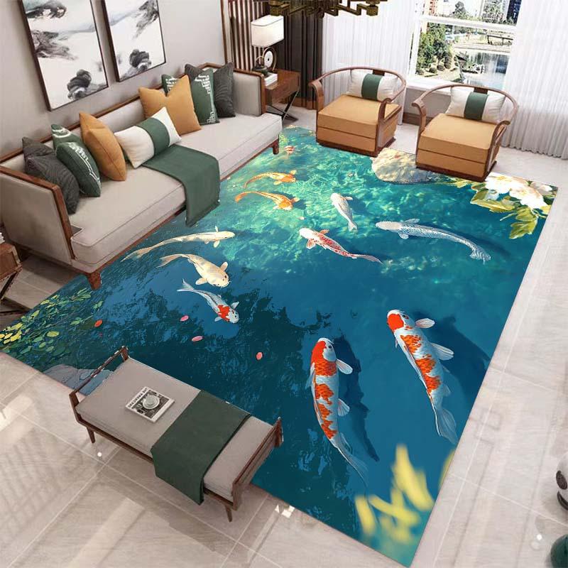 1pc Colorful Koi Fish Swimming Pattern Printed Area Rug, Creative Polyester Carpet, Soft and Comfortable for Bedroom, Office, Li