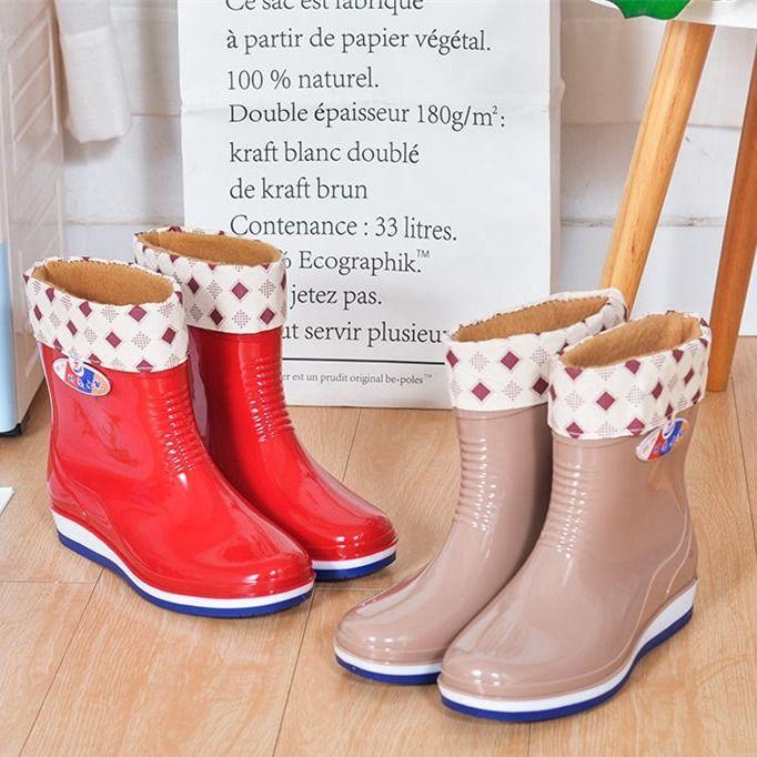 Rain shoes women's anti-skid shoes women's medium tube fleece rain boots short rain shoes kitchen work shoes non-slip shoes rubber shoes women