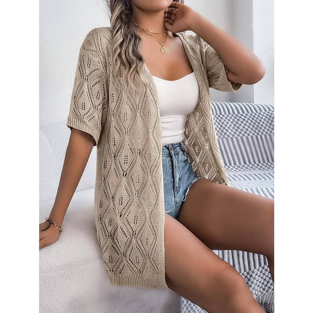 Summer Hollow Plaid Short-sleeved Knitted Cardigan Beach Sun Protection Shirt