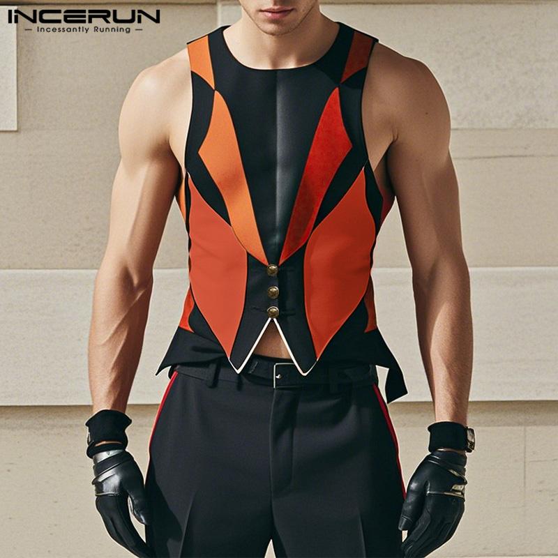 INCERUN Summer Men Sleeveless Color Block Print Casual Splits Tank Tops