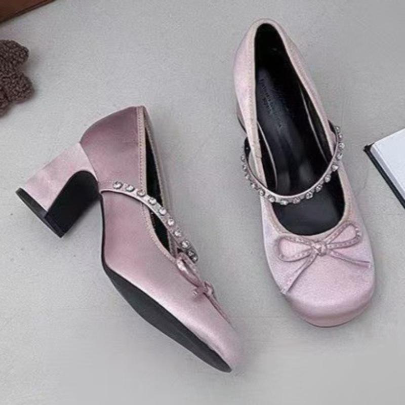New Round Bow Rhinestone Strap High-heeled Mary Jane Shoes Women's Shallow Mouth Fairy Wind Non-slip Single Shoes