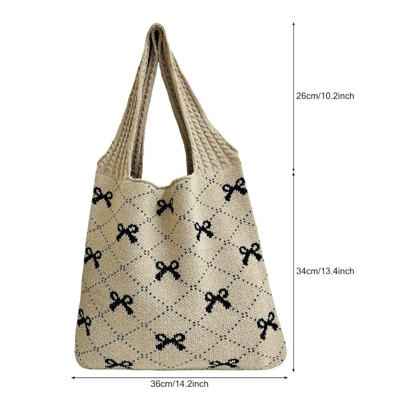 [Qicarkey] fashion bowknot pattern crochet tote bag aesthetic bag summer beach/travel bag large capacity Y2K fairy grunge ladies Hobo bag (Khaki with