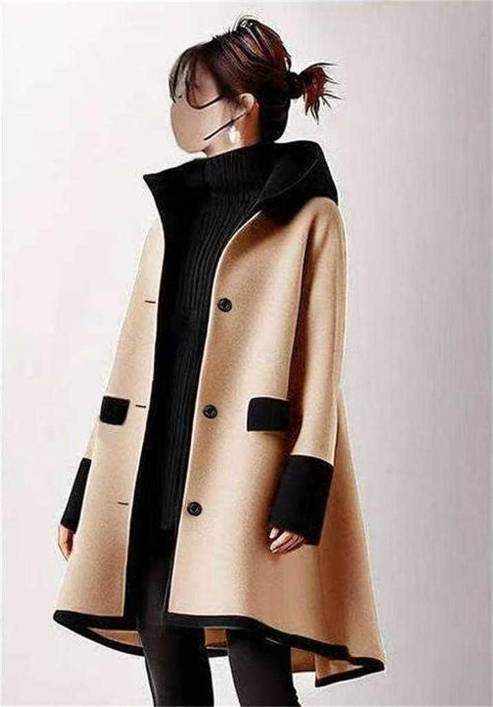 [YUANYUAN] Women's Color-Matching Trench Coat, Long Outerwear, Long Jacket, Hooded, Glue Neck, Long Sleeves, Single Button, Windproof, Casual, Relaxed