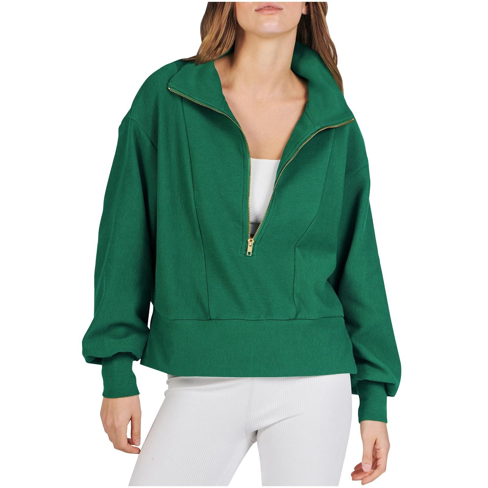 

Женский однотонный свободный топ с капюшоном на молнии и длинными рукавами L армия зеленый