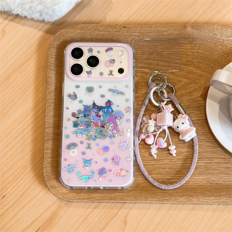 Matching Hello Kitty Charm Wrist Strap Print Phone Case For iPhone 15 16 17 Pro Max INS Cute Sweet Style Large Window Shockproof