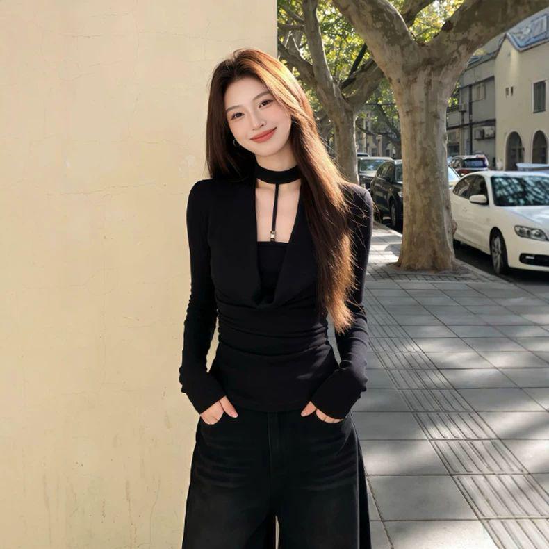 Korean Style Spicy Slim Fit Long Sleeve T-shirt for Women - Casual, Versatile Spring/Autumn Fashion Base Layer